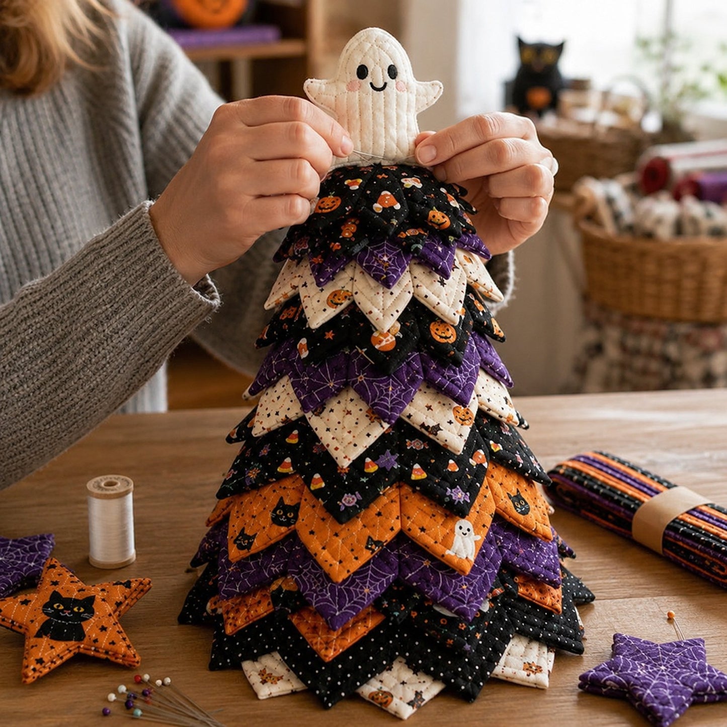 Cute Ghost & Pumpkin Spooky Season DIY Quilted Halloween Christmas Tree Kit LD9