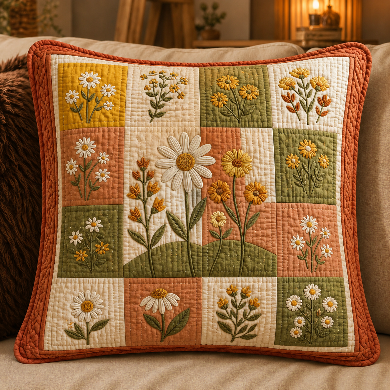 Daisy & Sunflower  Quilted Pillow Cover QV05