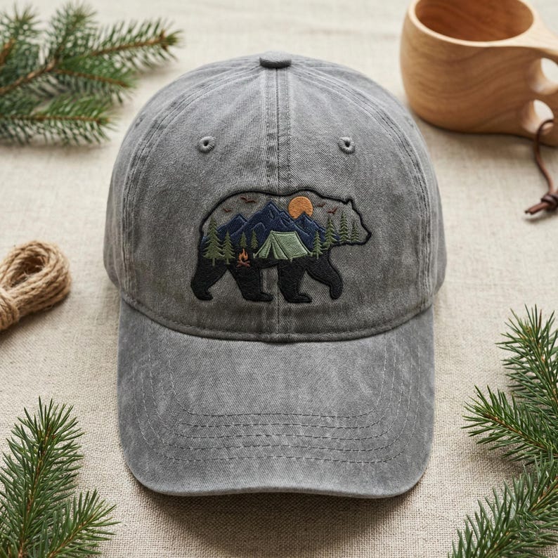 Camping Bear Embroidered Cap