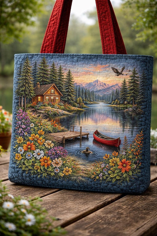 Mountain Lake Cabin Quilted Tote Bag