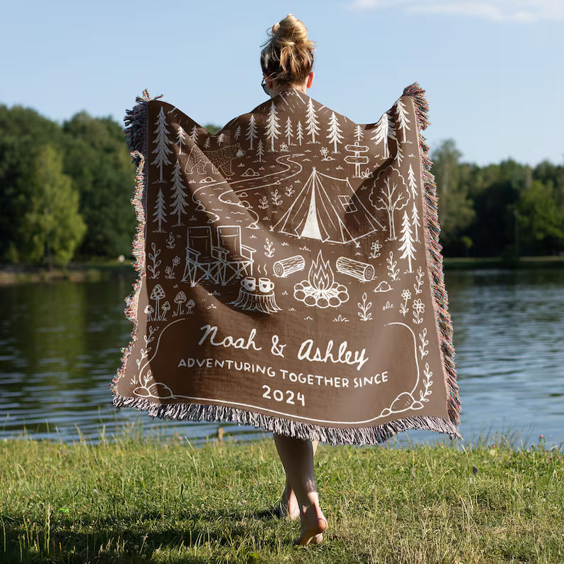 Camping Personalized  Woven Throw Blankets EM02