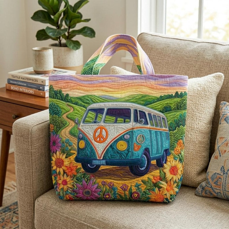 Vintage Boho Camper Quilted Tote Bag