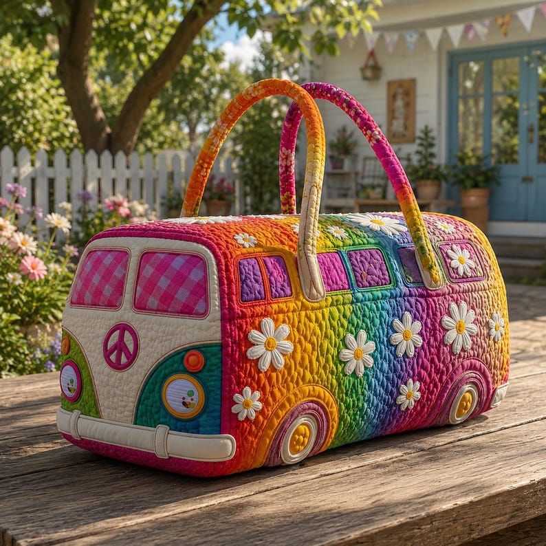 Colorful Retro Rainbow Van Quilted Duffle Bag QV34