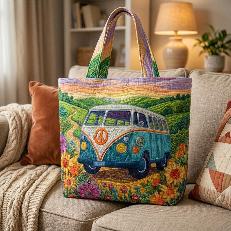 Vintage Boho Camper Quilted Tote Bag