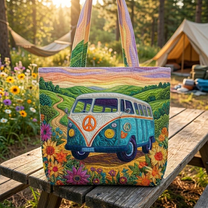 Vintage Boho Camper Quilted Tote Bag