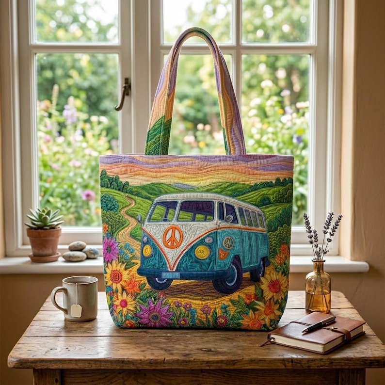 Vintage Boho Camper Quilted Tote Bag