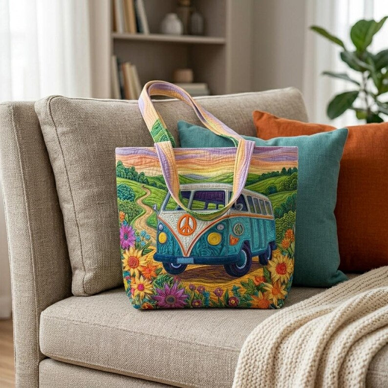 Vintage Boho Camper Quilted Tote Bag