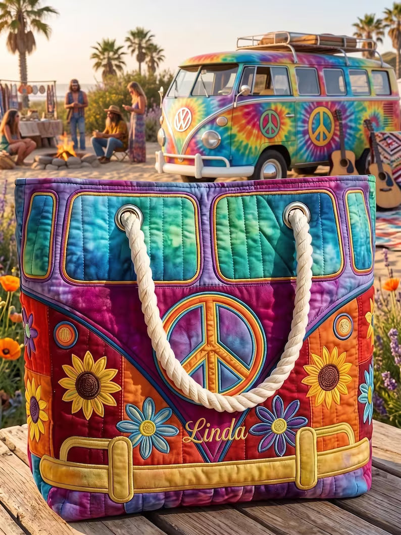 Tie Dye Retro Van Personalized Quilted Beach Bag EM01
