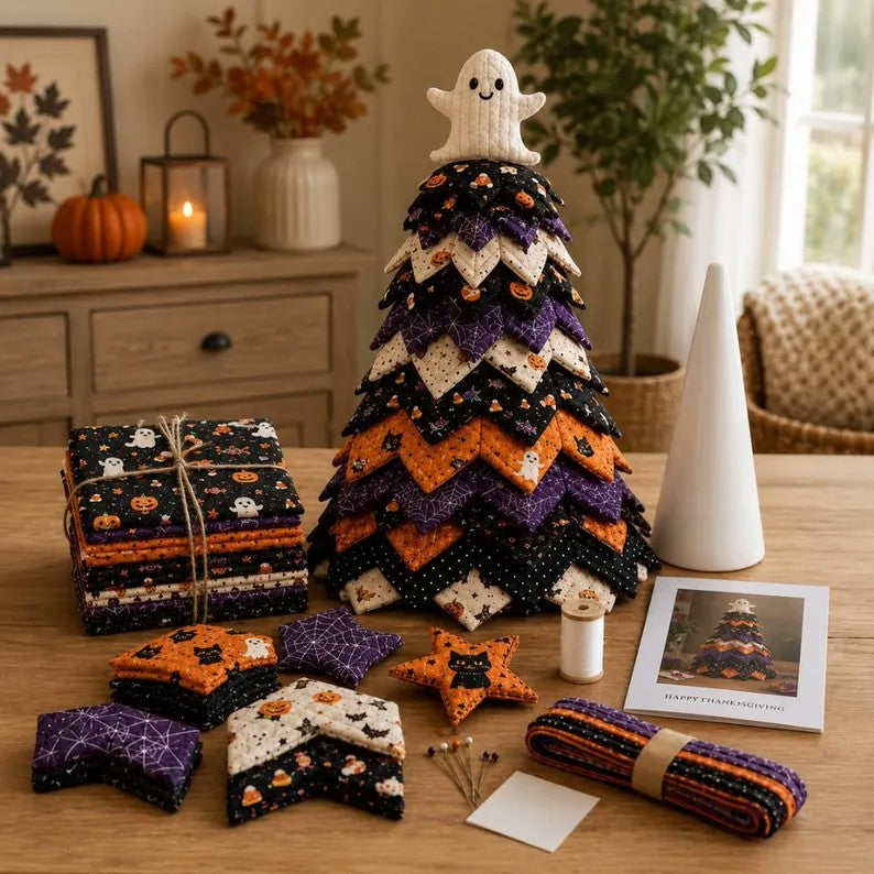 Cute Ghost & Pumpkin Spooky Season DIY Quilted Halloween Christmas Tree Kit LD9