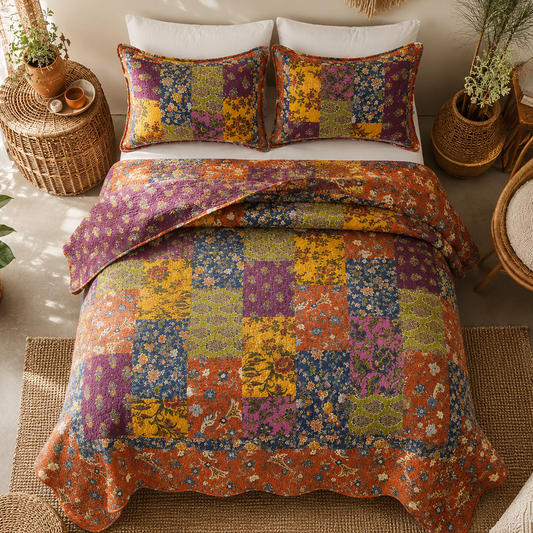 Vintage Floral Patchwork Cotton Handmade Quilt Set EM9