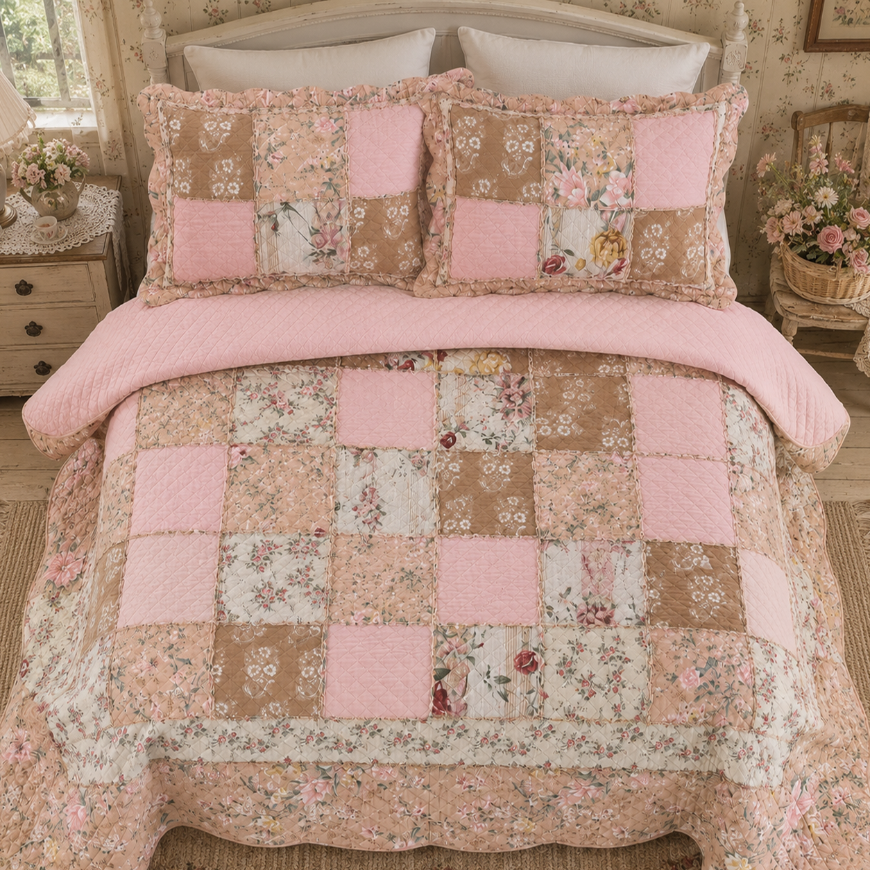 Floral Patchwork Cotton Handmade Quilt Set EM12