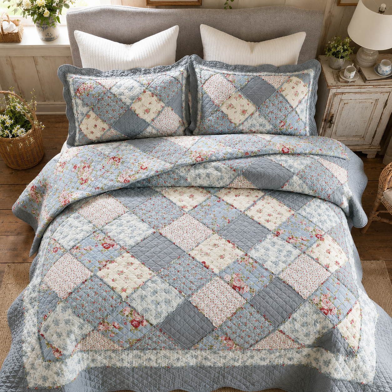 Farm Style Patchwork Cotton Handmade Quilt Set EM14