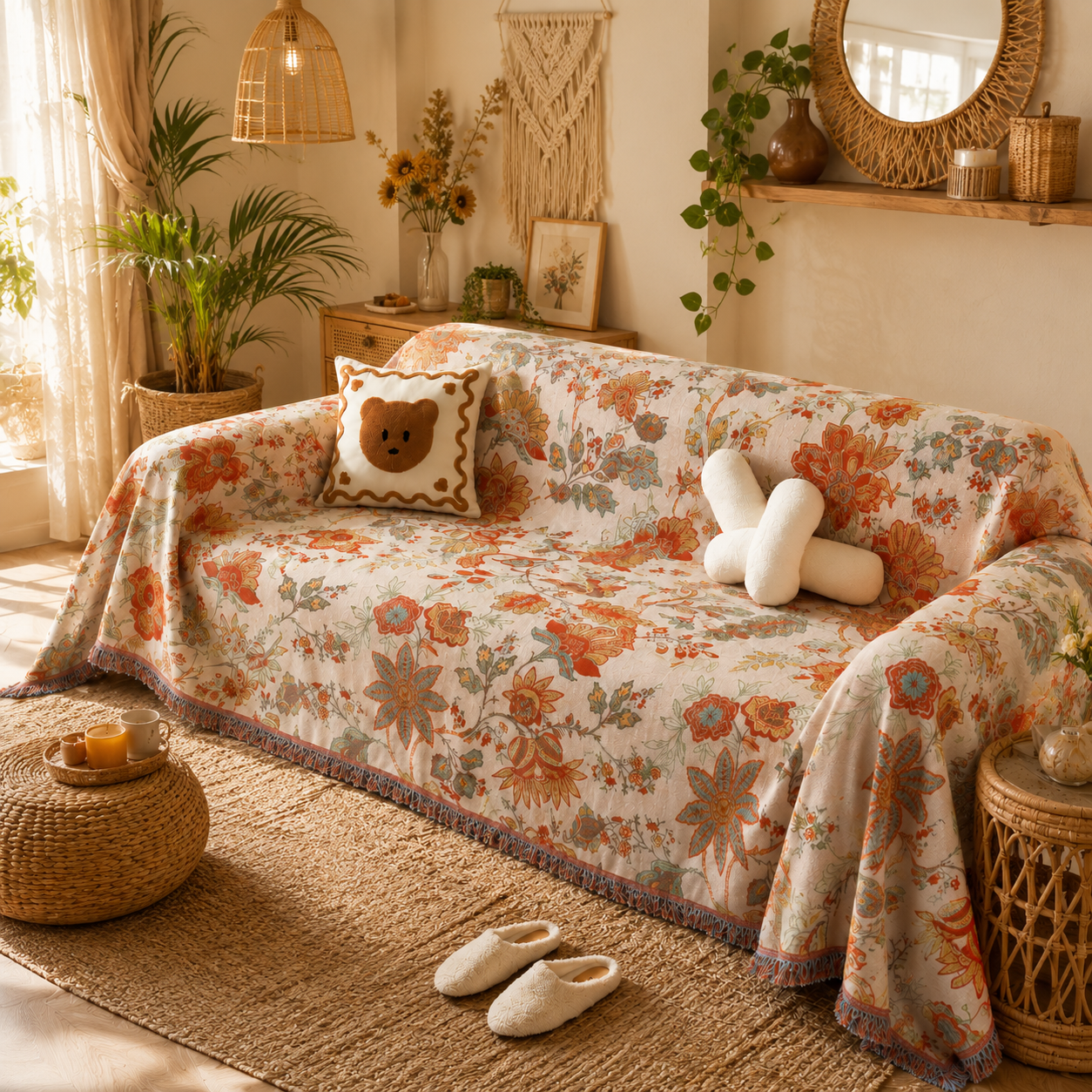 Bohemian Vintage Floral Cotton Woven Blanket Sofa Towel EM21